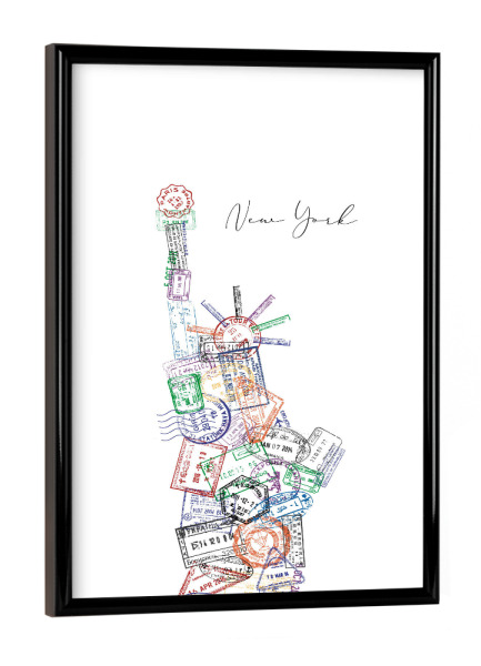 Poster mit schwarzem Rahmen "Passstempel Freiheitsstatue" artboxONE - Reise,Reise / Länder