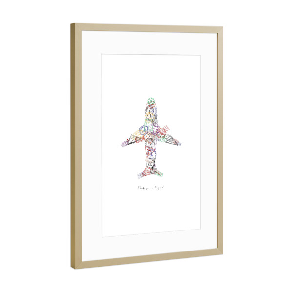 Poster mit Rahmen Gold "Passstempel Flugzeug" artboxONE - Reise,Reise / Länder