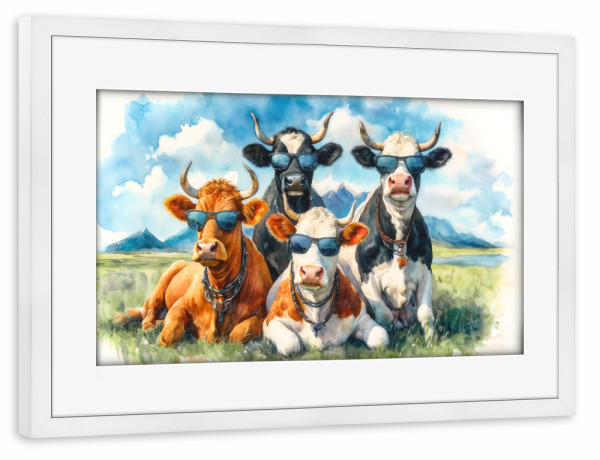 Poster mit Rahmen weiß "Coole Kühe" artboxONE - Für Kinder,Tiere,Comic,Lustig - Kühe,Bauernhof,Spaß,Lustig,Cool,Fleckvieh,Alpen,Ländlich,Joke,Weide
