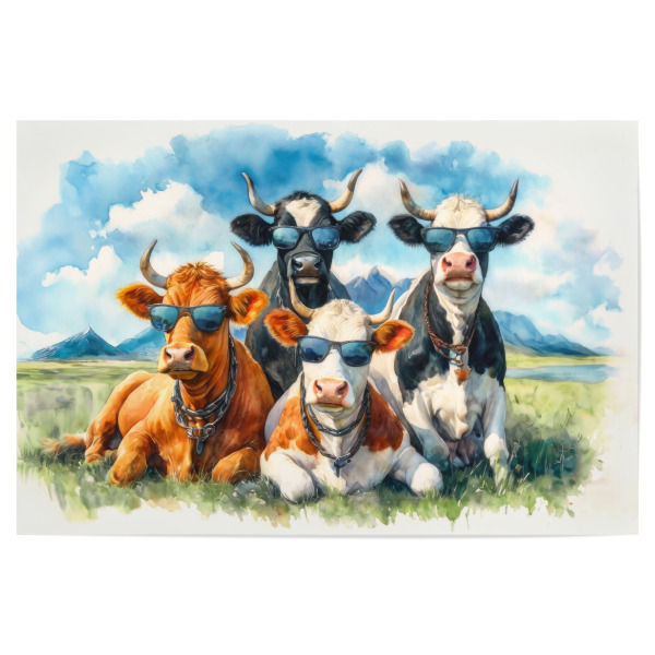 Poster 30x20 cm "Coole Kühe" artboxONE - Für Kinder,Tiere,Comic,Lustig - Kühe,Bauernhof,Spaß,Lustig,Cool,Fleckvieh,Alpen,Ländlich,Joke,Weide