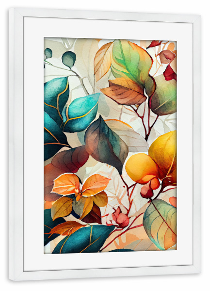 Poster mit Rahmen weiß "Aquarellblätter B" artboxONE - Natur,Floral - Aquarell,Blatt,Blätter,Natur,Botanisch,Blumen