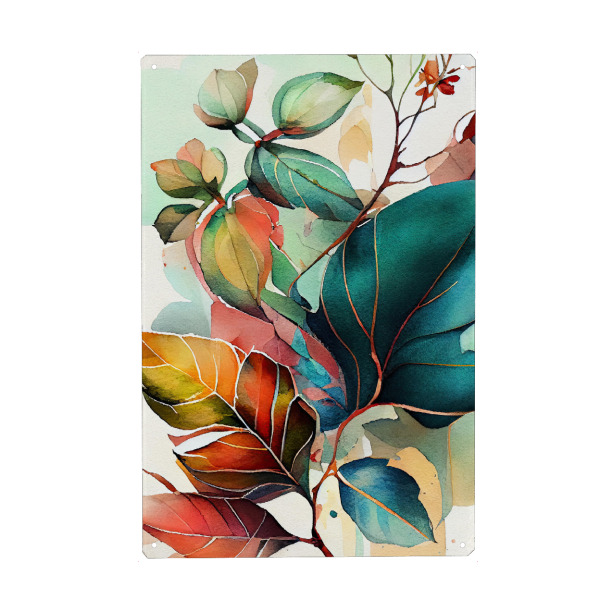 Metall Poster "Aquarell hinterlässt E" artboxONE - Natur,Floral - Aquarell,Blatt,Blätter,Natur,Botanisch,Blumen - Blechschild
