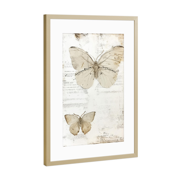 Poster mit Rahmen Gold "Vintage Schmetterling F" artboxONE - Tiere,Buchstaben - Tiere,Insekten,Schmetterling,Briefe,Notizen,Antik,Vintage