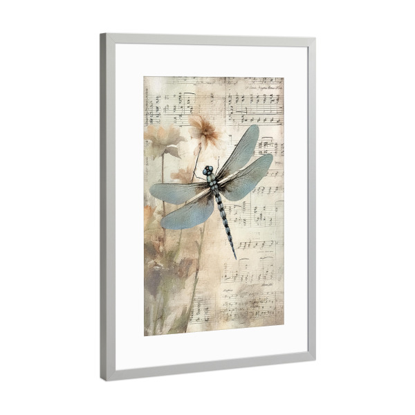 Poster mit Rahmen Silber "Musikalische Libelle A" artboxONE - Tiere,Musik - Musik,Musiknoten,Tiere,Insekten,Libelle,Botanisch