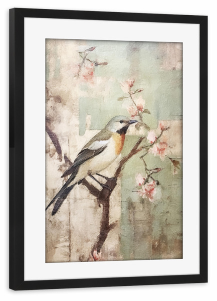 Poster mit Rahmen schwarz "Kirschblütenvogel E" artboxONE - Natur,Floral,Tiere - Tiere,Vögel,Blumen,Blumen,Blüte,Kirschblüte,Bäume,Natur