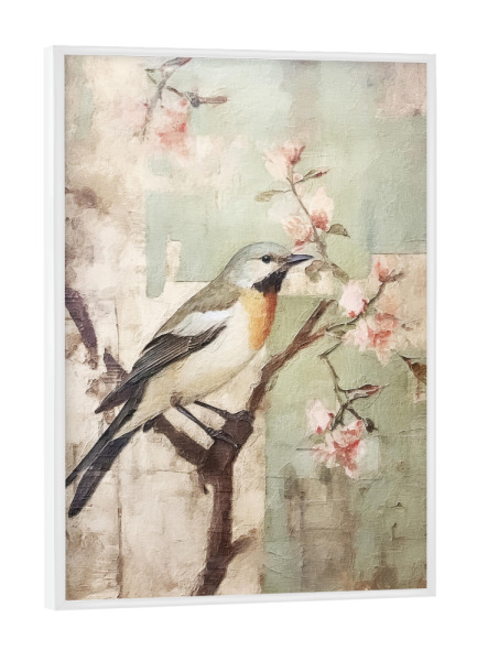 Poster mit weißem Rahmen "Kirschblütenvogel E" artboxONE - Natur,Floral,Tiere - Tiere,Vögel,Blumen,Blumen,Blüte,Kirschblüte,Bäume,Natur