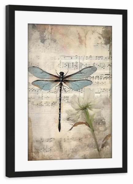 Poster mit Rahmen schwarz "Musikalische Libelle H" artboxONE - Floral,Tiere,Musik - Blumen,Blume,Insekten,Libelle,Musik,Noten,Noten