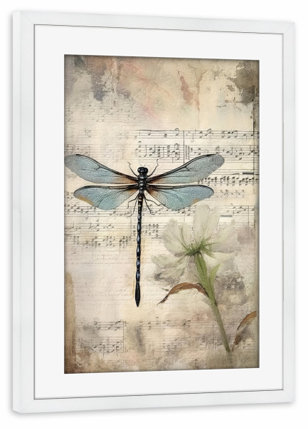 Poster mit Rahmen weiß "Musikalische Libelle H" artboxONE - Floral,Tiere,Musik - Blumen,Blume,Insekten,Libelle,Musik,Noten,Noten