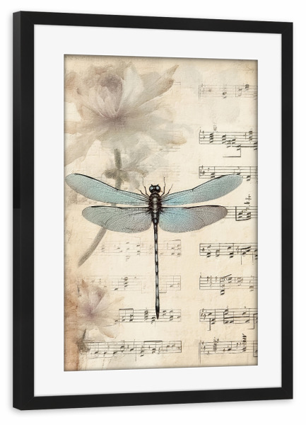 Poster mit Rahmen schwarz "Musikalische Libelle F" artboxONE - Floral,Tiere,Musik - Blumen,Blume,Insekten,Libelle,Musik,Noten,Musiknoten
