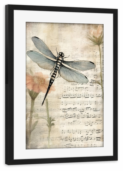 Poster mit Rahmen schwarz "Musikalische Libelle G" artboxONE - Floral,Tiere,Musik - Blumen,Blume,Musik,Noten,Noten,Insekten,Libelle