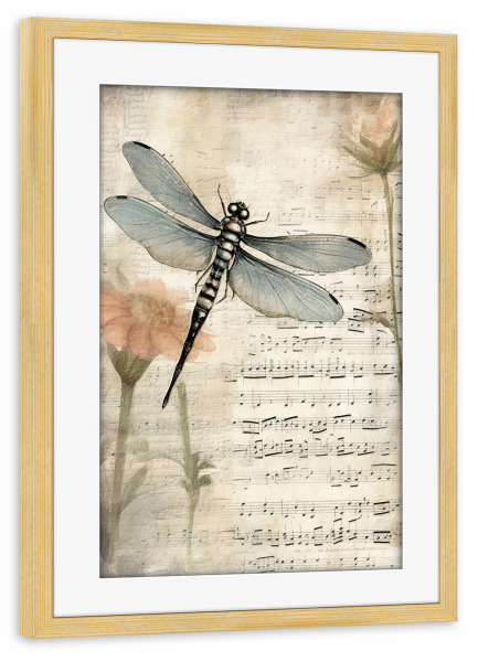 Poster mit Rahmen kiefer "Musikalische Libelle G" artboxONE - Floral,Tiere,Musik - Blumen,Blume,Musik,Noten,Noten,Insekten,Libelle