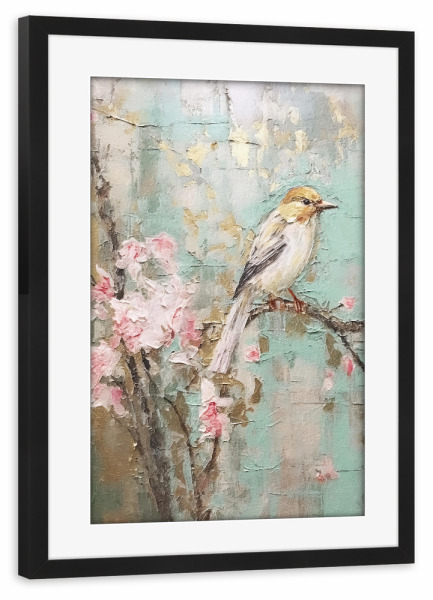 Poster mit Rahmen schwarz "Kirschblütenvogel C" artboxONE - Natur,Floral,Tiere - Tiere,Vögel,Natur,Bäume,Blüten,Blumen,Blumen