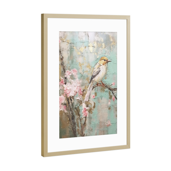 Poster mit Rahmen Gold "Kirschblütenvogel C" artboxONE - Natur,Floral,Tiere - Tiere,Vögel,Natur,Bäume,Blüten,Blumen,Blumen