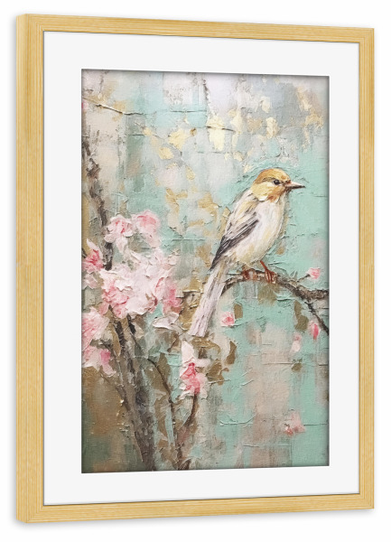Poster mit Rahmen kiefer "Kirschblütenvogel C" artboxONE - Natur,Floral,Tiere - Tiere,Vögel,Natur,Bäume,Blüten,Blumen,Blumen
