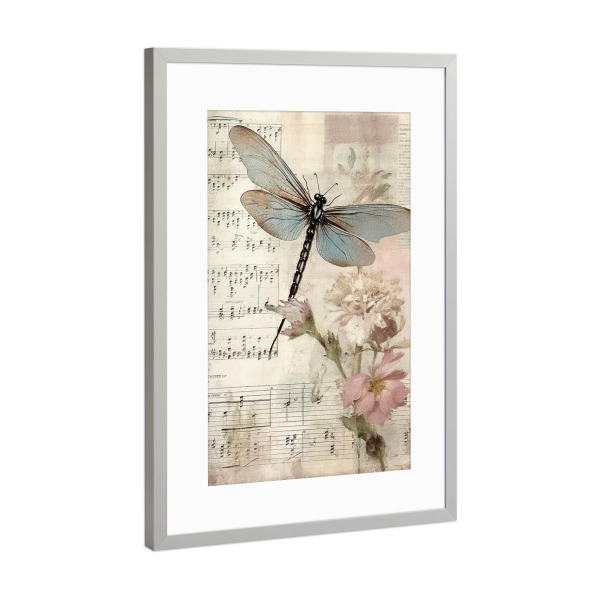 Poster mit Rahmen Silber "Musikalische Libelle B" artboxONE - Floral,Tiere,Musik - Blumen,Blumen,Tiere,Insekten,Libelle,Musik,Noten,Noten