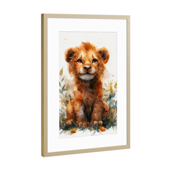 Poster mit Rahmen Gold "Baby Lion (matart)" artboxONE - Für Kinder,Tiere - Löwe,Löwen,Tier,Tiere,Natur,Baby,Niedlich,Wild,Tierwelt,Malerei,Aquarell