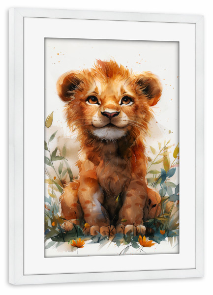 Poster mit Rahmen weiß "Baby Lion (matart)" artboxONE - Für Kinder,Tiere - Löwe,Löwen,Tier,Tiere,Natur,Baby,Niedlich,Wild,Tierwelt,Malerei,Aquarell