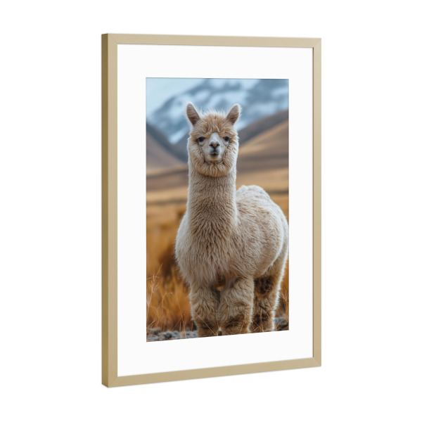 Poster mit Rahmen Gold "Alpaka in den Bergen" artboxONE - Natur,Reise,Tiere - Landschaft,Natur,Tier,Reise,Berge,Hügel,Alpaka,Ki