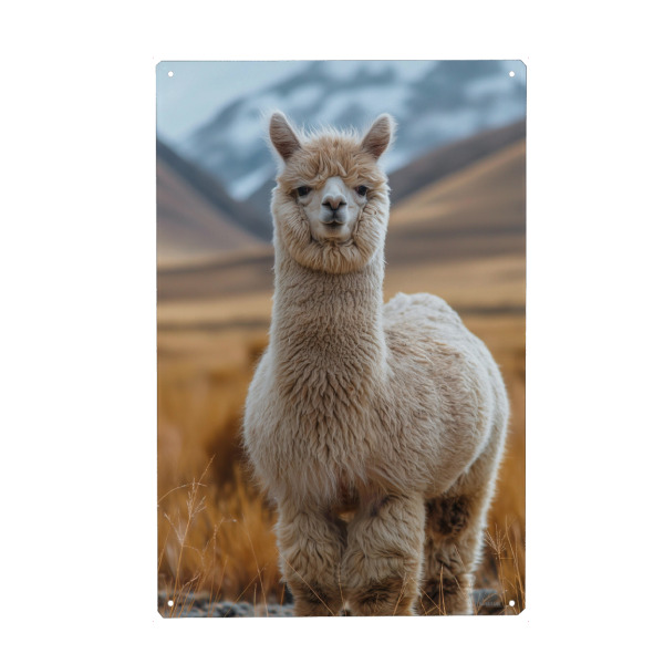 Metall Poster "Alpaka in den Bergen" artboxONE - Natur,Reise,Tiere - Landschaft,Natur,Tier,Reise,Berge,Hügel,Alpaka,Ki - Blechschild