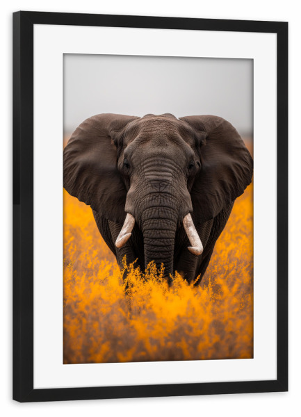 Poster mit Rahmen schwarz "Elefant in der Savanne" artboxONE - Natur,Reise,Tiere - Elefant,Tier,Natur,Exotisch,Landschaft,Feld,Wiese,Ki