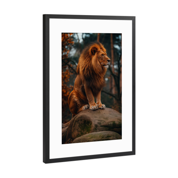 Poster mit Rahmen Schwarz (Metallic) "Löwe auf einem Felsen" artboxONE - Natur,Reise,Tiere - Löwe,Tier,Wild,Raubkatze,Natur,Savanne,Felsen,Bäume,Ki