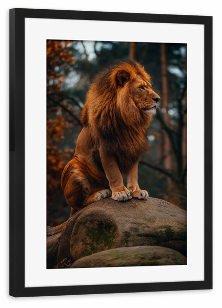 Poster mit Rahmen schwarz "Löwe auf einem Felsen" artboxONE - Natur,Reise,Tiere - Löwe,Tier,Wild,Raubkatze,Natur,Savanne,Felsen,Bäume,Ki