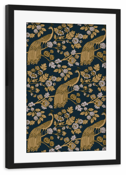Poster mit Rahmen schwarz "Cecilia Mok - Pfauengarten gold" artboxONE - Natur,Floral,Tiere