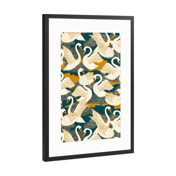 Poster mit Rahmen Schwarz (Metallic) "Cecilia Mok - Schwäne Blau Gold" artboxONE - Natur,Tiere