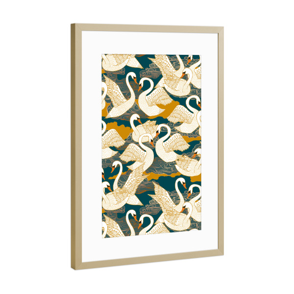 Poster mit Rahmen Gold "Cecilia Mok - Schwäne Blau Gold" artboxONE - Natur,Tiere