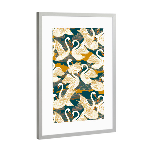 Poster mit Rahmen Silber "Cecilia Mok - Schwäne Blau Gold" artboxONE - Natur,Tiere