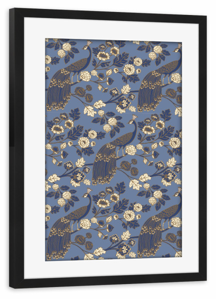 Poster mit Rahmen schwarz "Cecilia Mok - Pfaunengarten Blau" artboxONE - Natur,Floral,Tiere