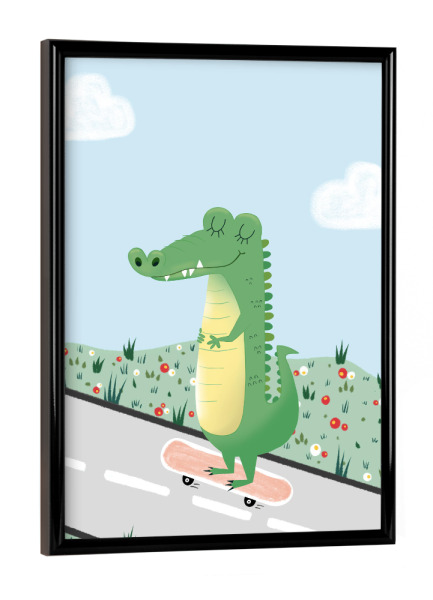 Poster mit schwarzem Rahmen "Croci an Bord" artboxONE - Für Kinder,Tiere,Comic - Krokodil,Rollbrett,Kinder,Kinderzimmer,Wandkunst,Dekor