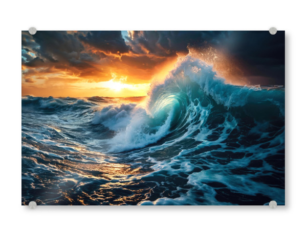 Acrylglasbild "Welle im Abendlicht" artboxONE - Natur,Reise - Welle,Sturm,Meer,Ozean,Gischt,Natur,Wasser,Sonnenuntergang,Wolken,Wild,Rau