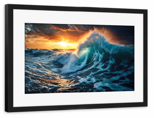 Poster mit Rahmen schwarz "Welle im Abendlicht" artboxONE - Natur,Reise - Welle,Sturm,Meer,Ozean,Gischt,Natur,Wasser,Sonnenuntergang,Wolken,Wild,Rau