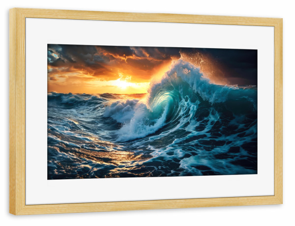 Poster mit Rahmen kiefer "Welle im Abendlicht" artboxONE - Natur,Reise - Welle,Sturm,Meer,Ozean,Gischt,Natur,Wasser,Sonnenuntergang,Wolken,Wild,Rau