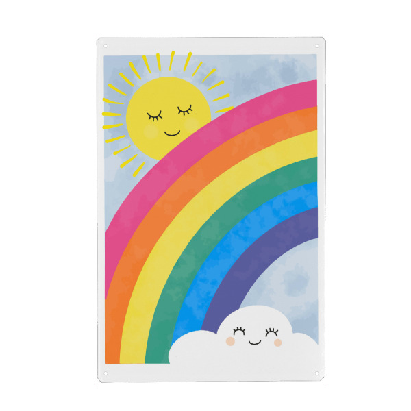 Metall Poster "Regenbogen und Sonnenschein" artboxONE - Natur,Für Kinder,Comic - Sonne,Wolken,Regenbogen,Farben,Süß,Spaß,Kinder,Kinderzimmer,Wandkunst