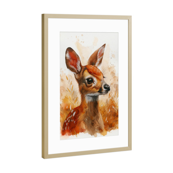 Poster mit Rahmen Gold "Baby Deer (matart)" artboxONE - Für Kinder,Tiere - Hirsch,Tier,Tiere,Natur,Wild,Baby,Niedlich,Gemälde,Aquarell