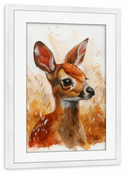 Poster mit Rahmen weiß "Baby Deer (matart)" artboxONE - Für Kinder,Tiere - Hirsch,Tier,Tiere,Natur,Wild,Baby,Niedlich,Gemälde,Aquarell