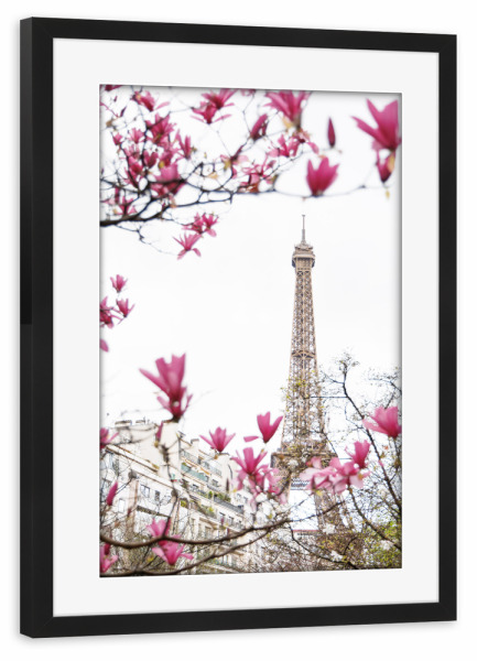 Poster mit Rahmen schwarz "Eifelturm und Magnolien" artboxONE - Floral,Architektur,Städte / Paris