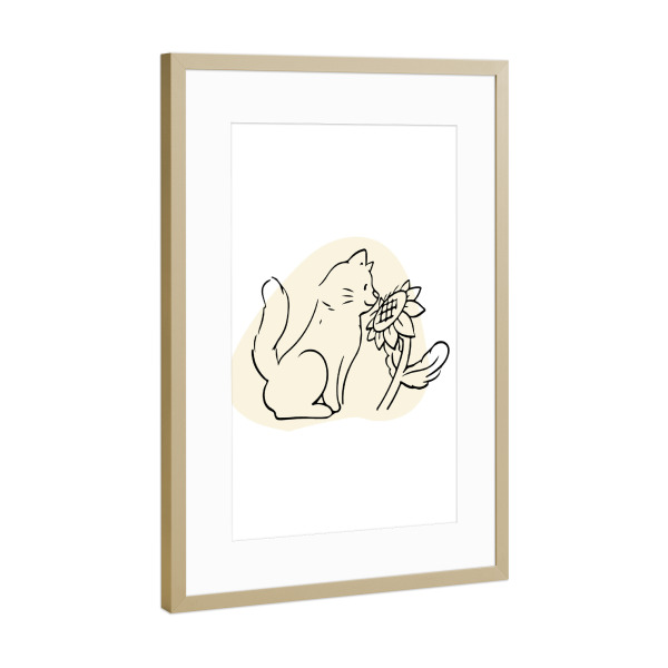 Poster mit Rahmen Gold "Süße Katze - Juni" artboxONE - Floral,Tiere,Lustig - Katze,Tier,Minimalistisch,Süß,Lustig,Floral,Blumen