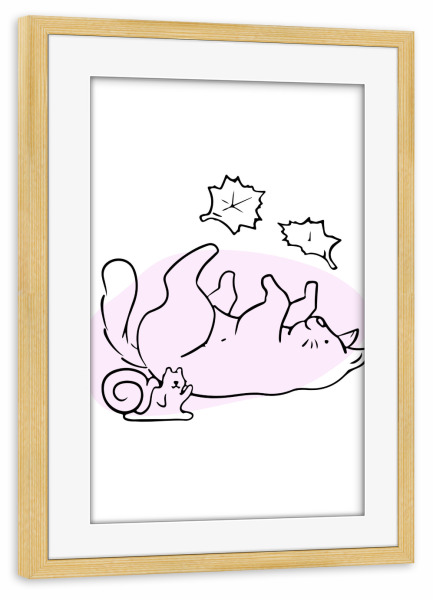 Poster mit Rahmen kiefer "Süße Katze - November" artboxONE - Tiere,Lustig - Süß,Katze,Minimalistisch,Verspielt,Spielen,Lustig,Herbst,Laub,Blätter
