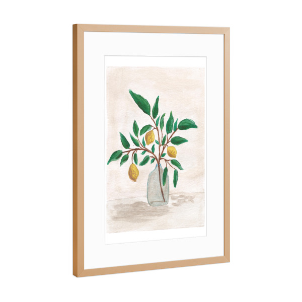 Poster mit Rahmen Kupfer "Zitronenzweig in einer Flasche" artboxONE - Floral,Essen & Trinken - Zitrone,Sommer,Obst,Zweig,Illustration,Malerei