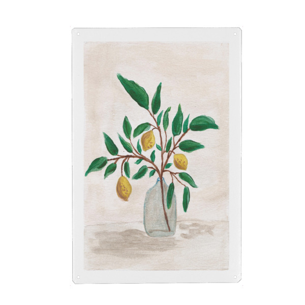 Metall Poster "Zitronenzweig in einer Flasche" artboxONE - Floral,Essen & Trinken - Zitrone,Sommer,Obst,Zweig,Illustration,Malerei - Blechschild