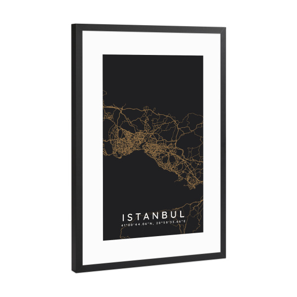 Poster mit Rahmen Schwarz (Metallic) "Istanbul minimalist map Dark" artboxONE - Städte,Städte / Istanbul,Kartografie
