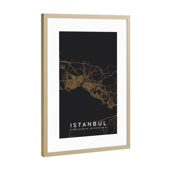 Poster mit Rahmen Gold "Istanbul minimalist map Dark" artboxONE - Städte,Städte / Istanbul,Kartografie