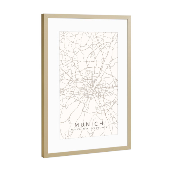 Poster mit Rahmen Gold "Munich minimalist map taupe" artboxONE - Städte,Städte / München,Kartografie