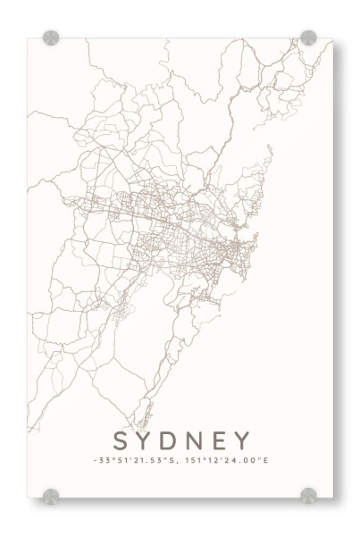 Acrylglasbild "Sydney minimalistische Karte Taupe" artboxONE - Städte,Städte / Sydney,Kartografie