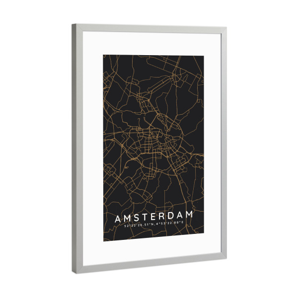 Poster mit Rahmen Silber "Amsterdam minimalist map Dark" artboxONE - Städte,Städte / Amsterdam,Kartografie