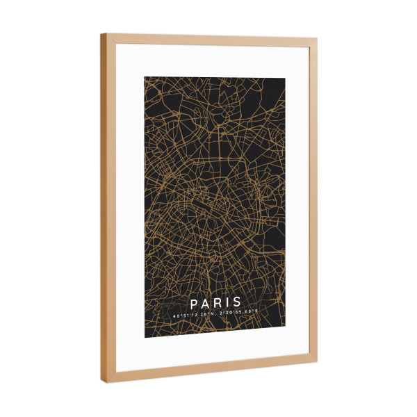 Poster mit Rahmen Kupfer "Paris minimalistische Karte Dunkel" artboxONE - Städte,Städte / Paris,Kartografie