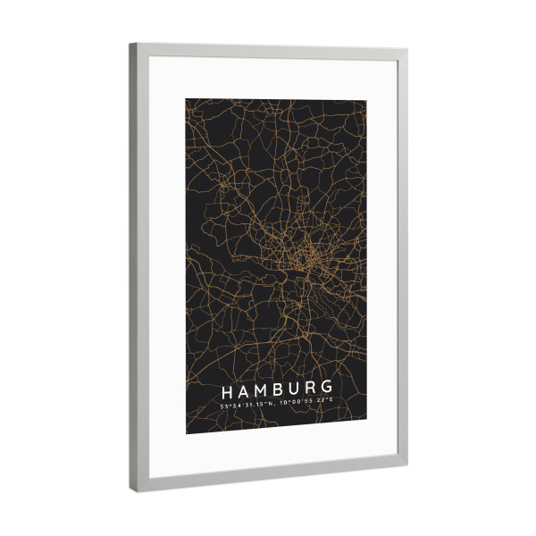 Poster mit Rahmen Silber "Hamburg - Karte Dunkel" artboxONE - Städte,Städte / Hamburg,Kartografie